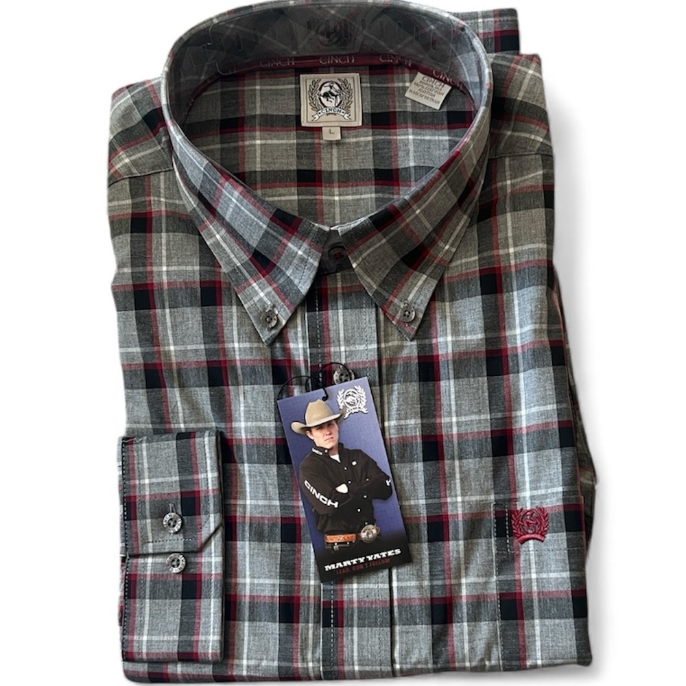 NWT Cinch Men's Red and Gray Plaid Button Down Shirt